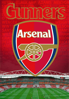 A gif of the Arsenal crest with 'Gunners' above as text, overlaid on a stadium background with names of iconic players.